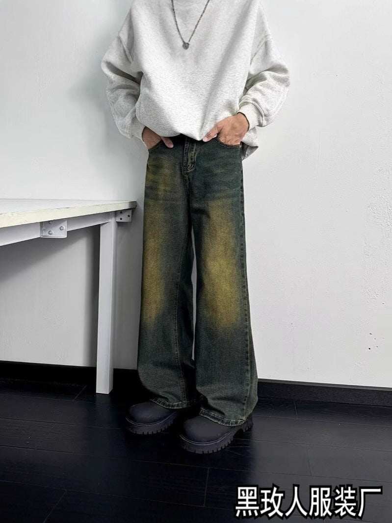 Chinese Retro Blue Washed Jeans For Men, Handsome Korean Style Loose Washed Straight Wide-Leg Floor-Length Pants - Image 3